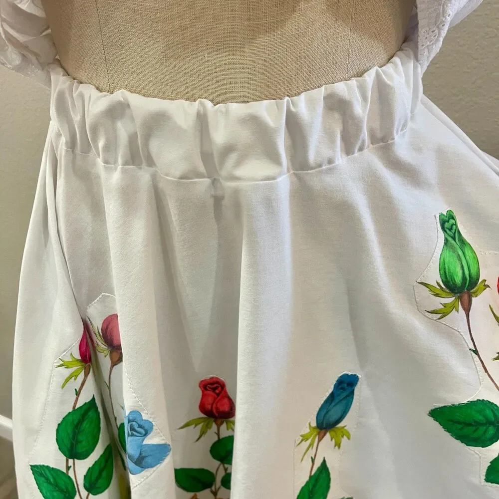 Handmade upcycled White Full Circle Skirt Hand Painted Rose Appliqués, One Size - Picture 7 of 7